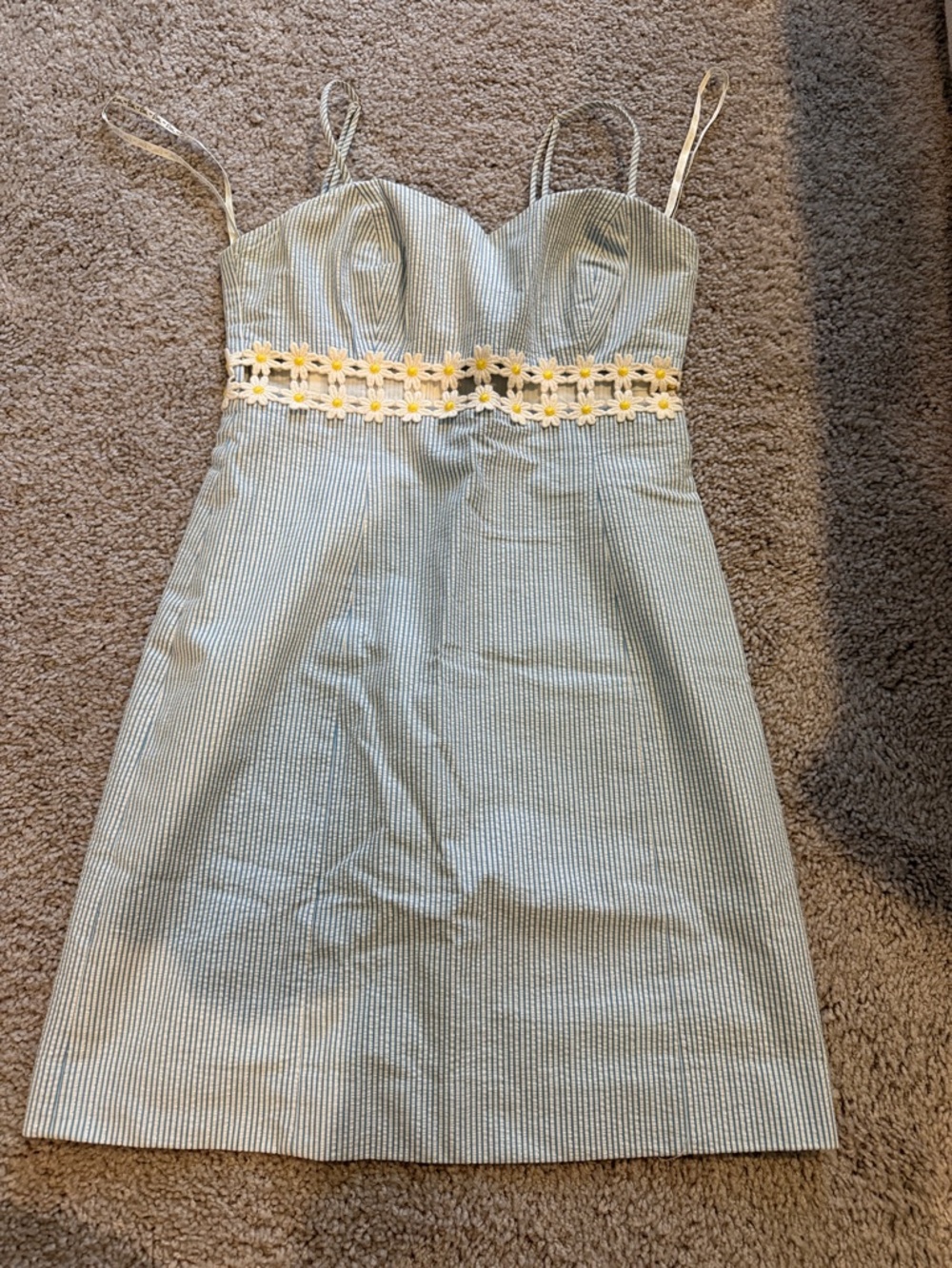 Lilly Pulitzer Blue and White Striped Mini Dress with Yellow Floral Trim